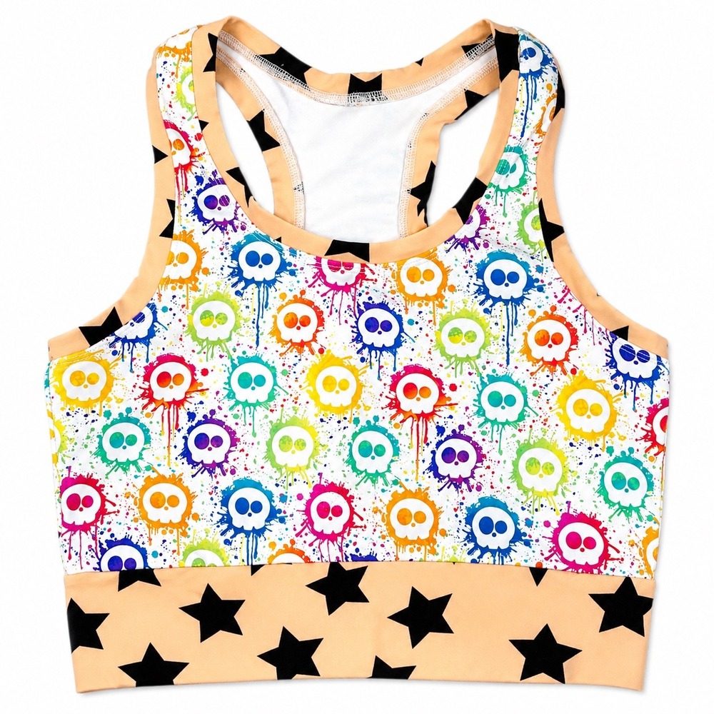Handmade Multicolor Skulls Racerback Sports Bra Yoga Top Small NWT